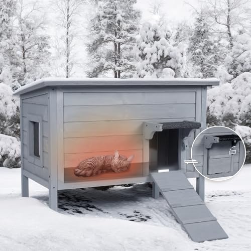 BRIOPAWS Outdoor-Cat-House-Insulated | Feral-Cat-Shelter for Winter | Weatherproof | Large Wooden Pet House for Multiple Cats | Foldable Ladder | Acrylic Side Window | Grey