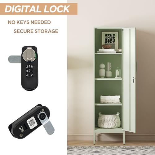 Metal Locker, Storage Cabinet with Digital Lock, Steel File Cabinet with 3 Adjustable Shelves for School, Living Room, Bedroom, Office (Green)