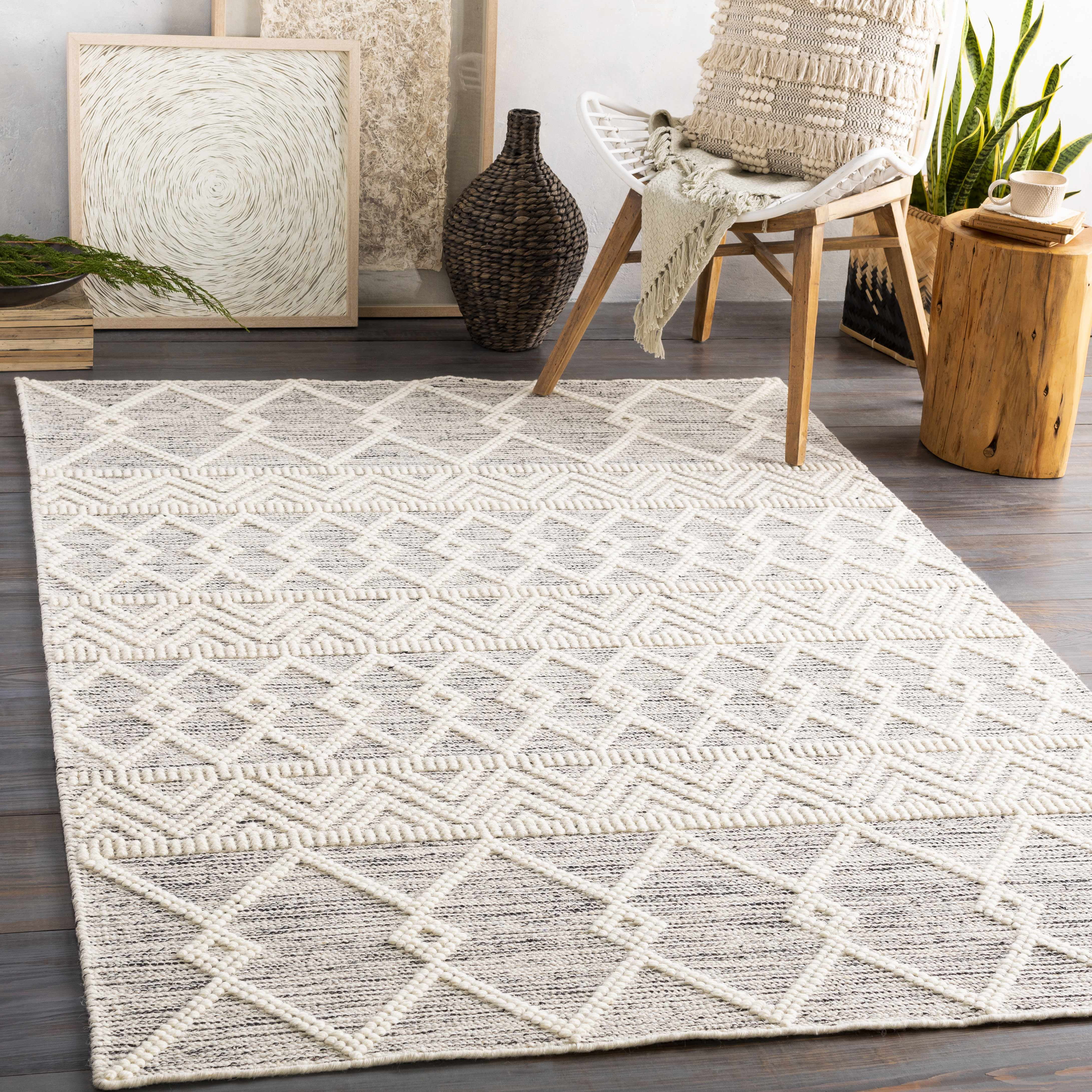 Woolk Moroccan Farmhouse Hand Woven Living Room Bedroom Nursery Wool Small Area Rug - Vintage Handmade Bohemian - Boho Diamond Southwestern - Beige, White, Brown - 2' x 3'