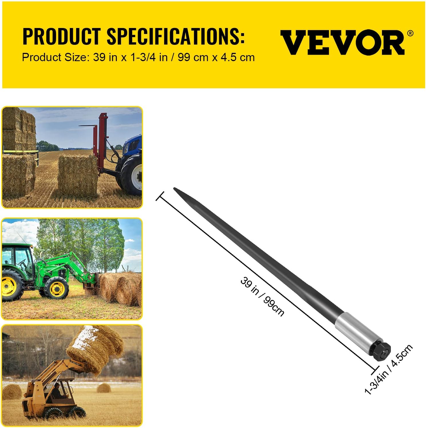 VEVOR Hay Bale Spear 39 inches 3600 lbs Capacity 1 3/4 inches Wide with Nut and Sleeve