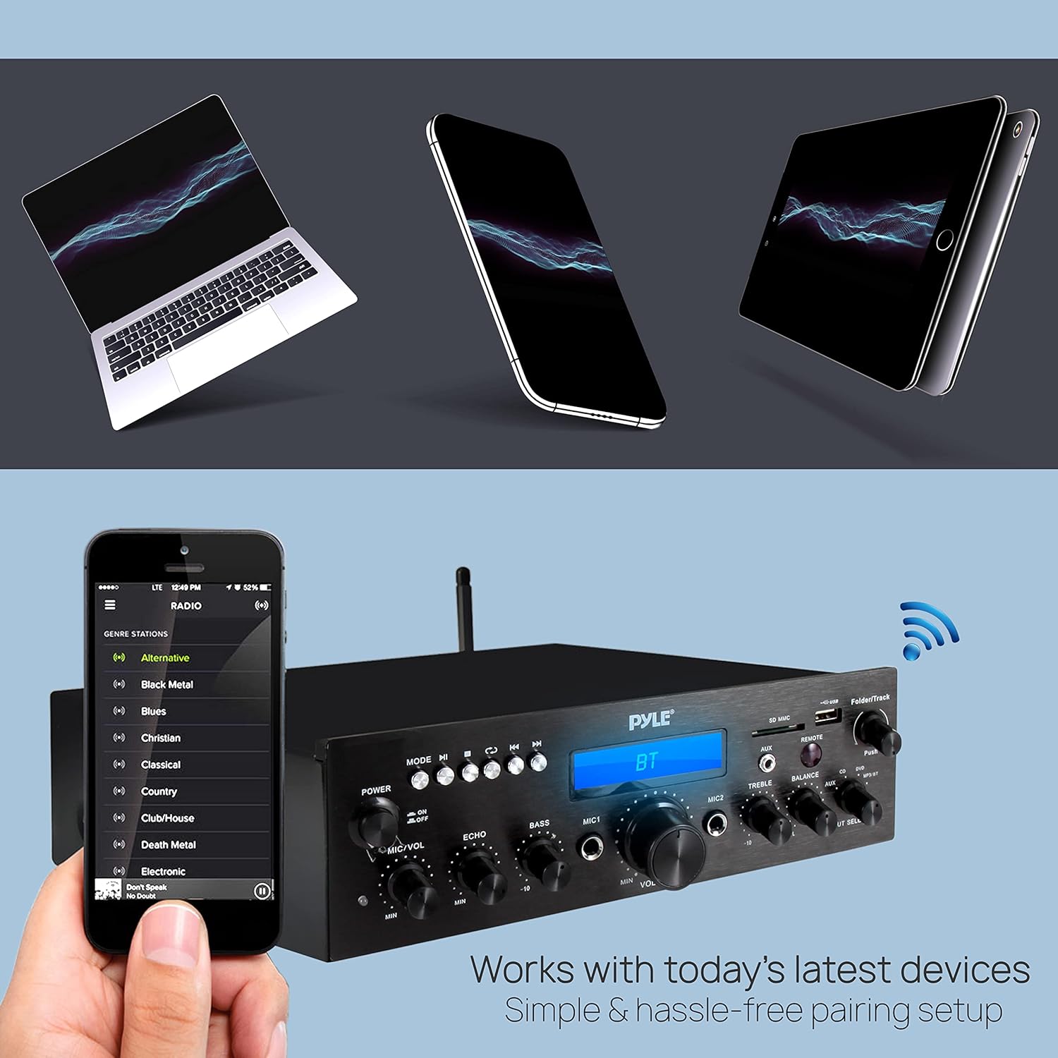Pyle Compact Bluetooth Stereo Amplifier - 200 Watt Desktop Audio Power Amp Receiver with FM Radio, MP3/USB/SD Readers, Digital LCD Display, Microphone Input - PDA612BU.5 Pack of 2