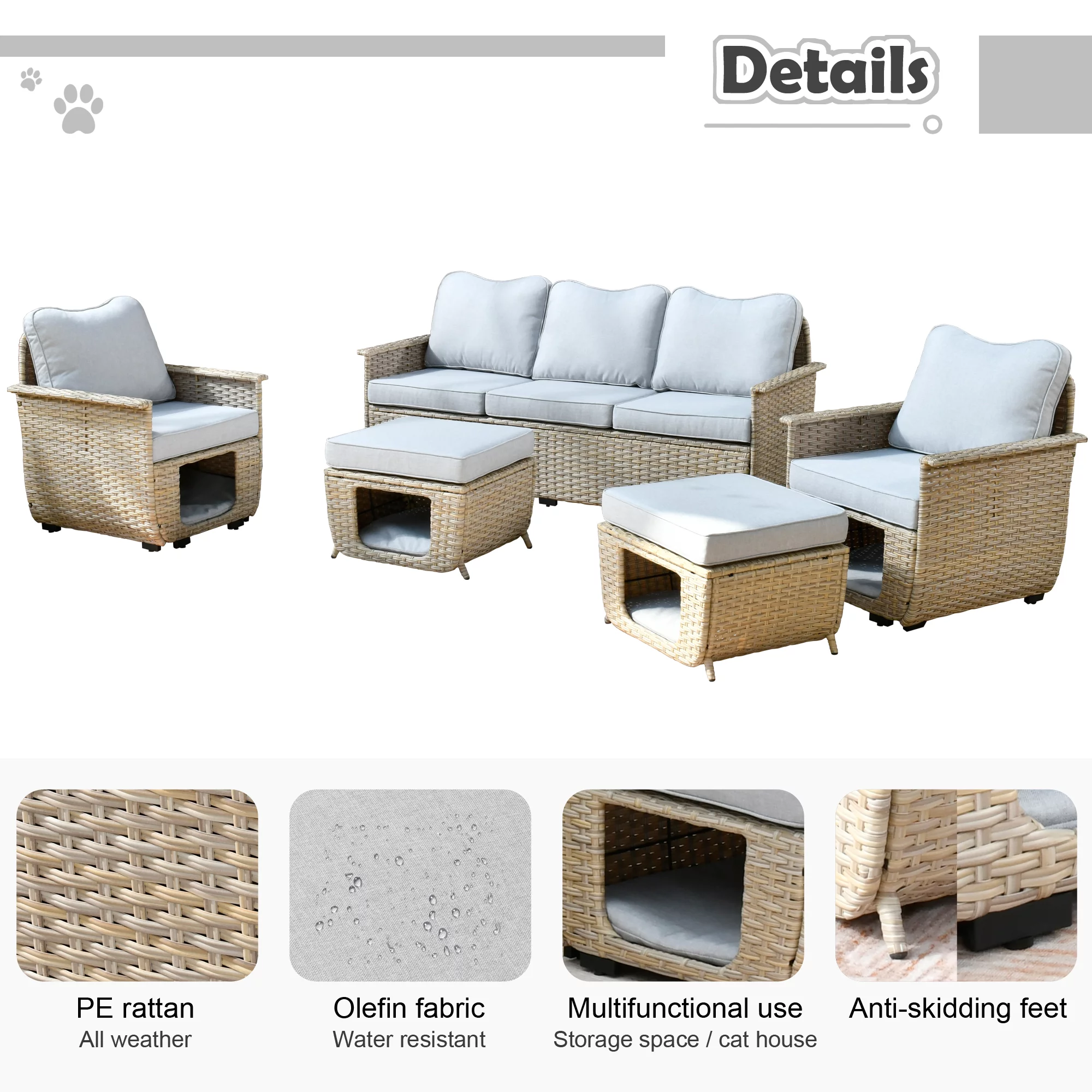Ovios 5 Pieces Outdoor Furniture All Weather Wicker Patio Conversation Sectional Sofa Set with Storage Box for Garden Backyard