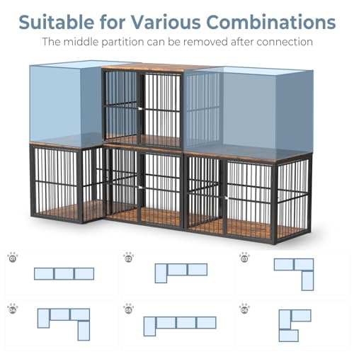 86.62''Dog Crate Furniture Large Breed TV Stand with Double Rooms,Wooden Dog Kennel Dog Crate End Table with Removable Divider for Large Medium Dogs, Can Use Separately, Brown