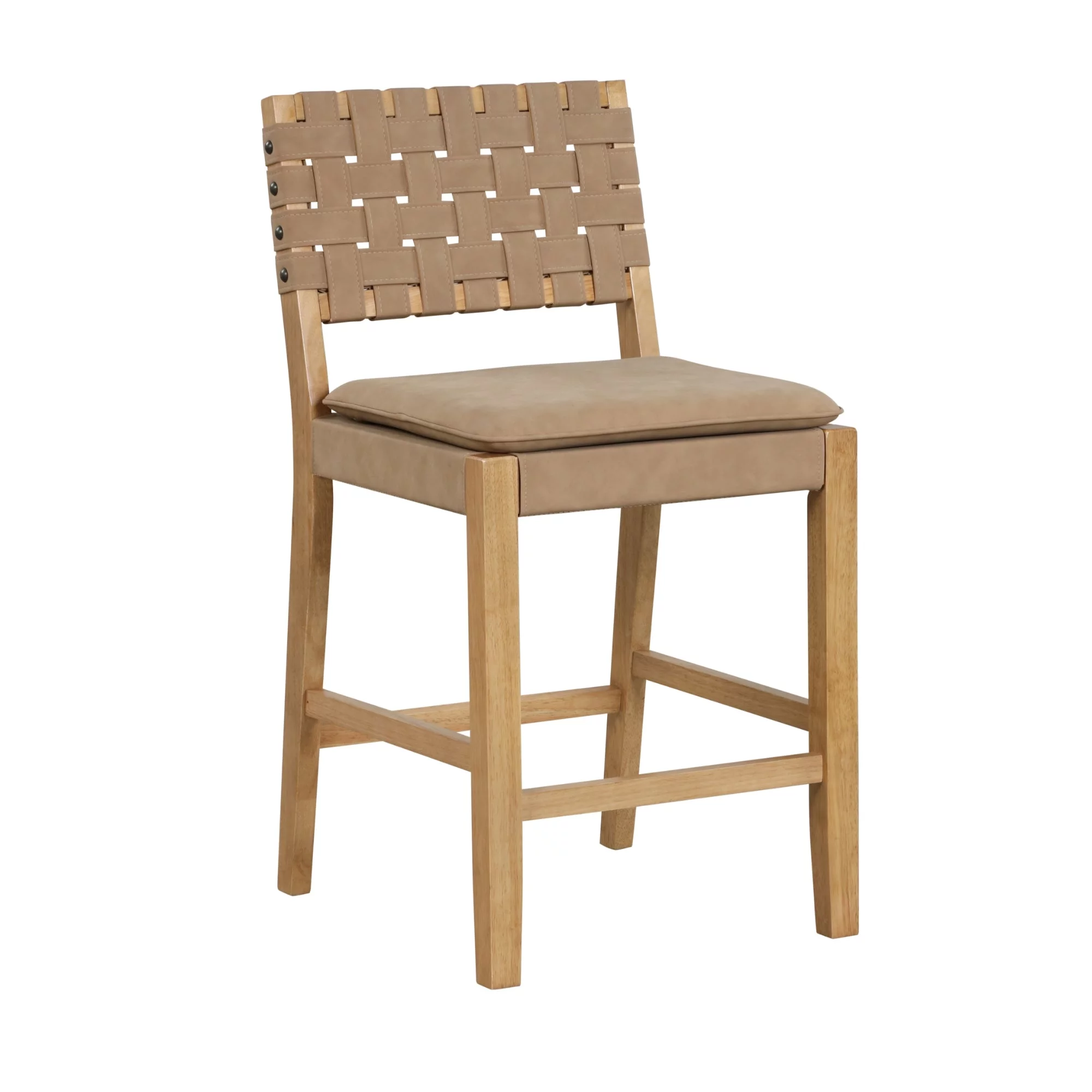Nathan James Cohen Mid-Century Modern Leather Bar Stool, Counter Height Chair in Solid Wood Frame with Footrest and Woven Leather Back for Kitchen