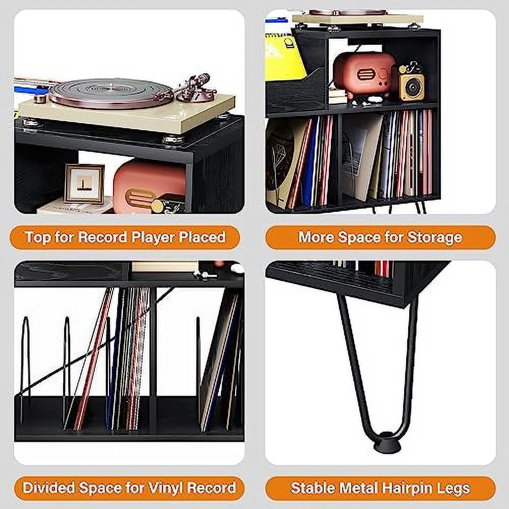 RUNFAYBIU Record Player Stand with Vibration-Isolated Turntable Design  Vinyl Record  Table with Charging Station  Mid-Century Modern Turntable Stand (Black)