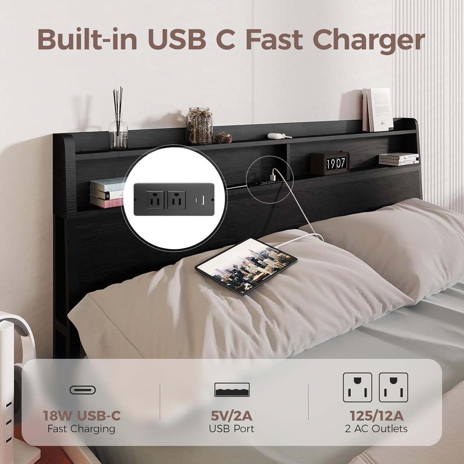 EVASTAR Queen Bed Frame with Storage Headboard and 4 Drawers, Metal Platform Bed Frame with Charging Station, Easy Assembly, Black