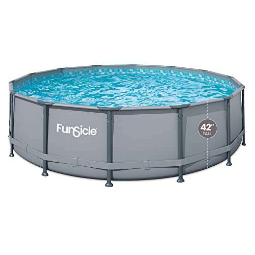 Funsicle 14' x 42" Oasis Designer Round Frame Above Ground Outdoor Swimming Pool Set with SkimmerPlus Filter Pump, Ladder, and Pool Cover, Gray