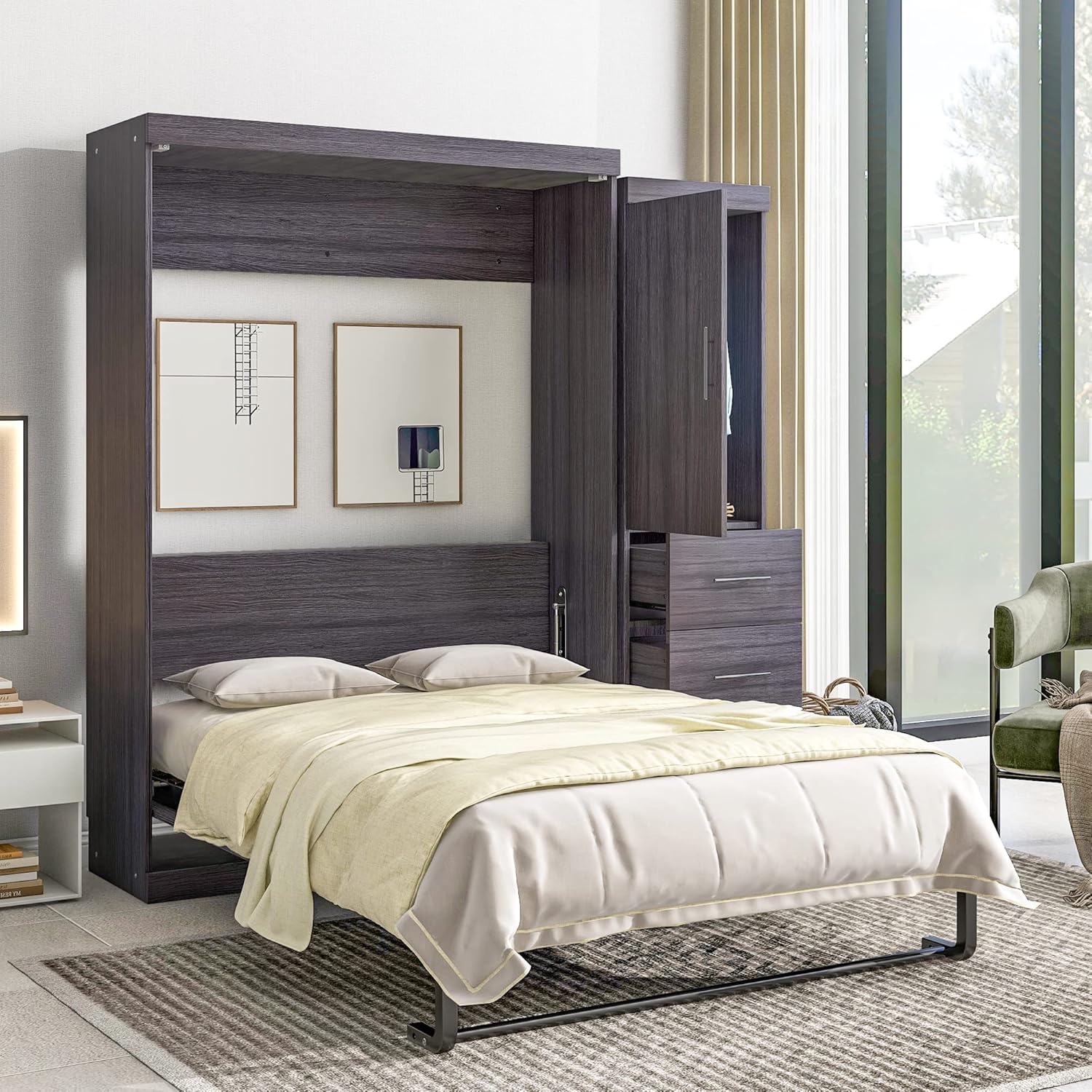 Full Size Murphy Bed Storage Cabinet, Wood Murphy Bed with Wardrobe and Drawers, can be Folded into a Cabinet, Suitable for Small Room Living Room/Bedroom