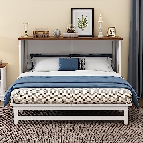 Full Murphy Bed, Full Murphy Cabinet Bed with Storage Drawers, Murphy Bed with Charging Station, Wood Murphy Bed Cabinet Bed, Murphy Bed Chest Murphy Bed Frame Wall Bed for Guest Bedroom, White+Walnut