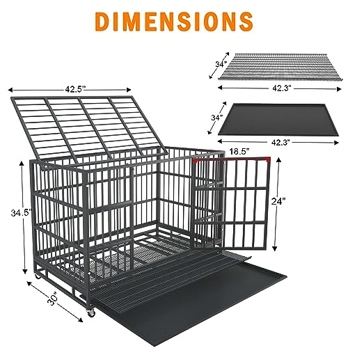 54/48/42/38 inch Heavy Duty Indestructible and Escape-Proof Dog Crate Cage Kennel for Large Dogs, High Anxiety Dog Crate with Removable Wire Trays and Wheels, Extra Large XL XXL