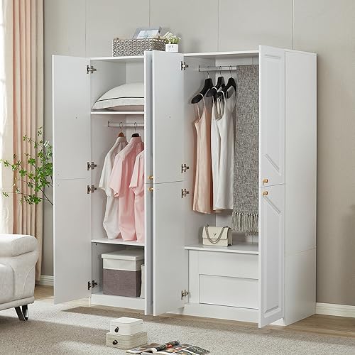 Wooden Armoire Wardrobe Closet Cabinet, 4 Door 2 Drawers White Cabinet for High Storage Capacity, Tall Cabinet Closet Wardrobe with 2 Shelves and Hanging Rod 63" L x 20.3" W x 72" H