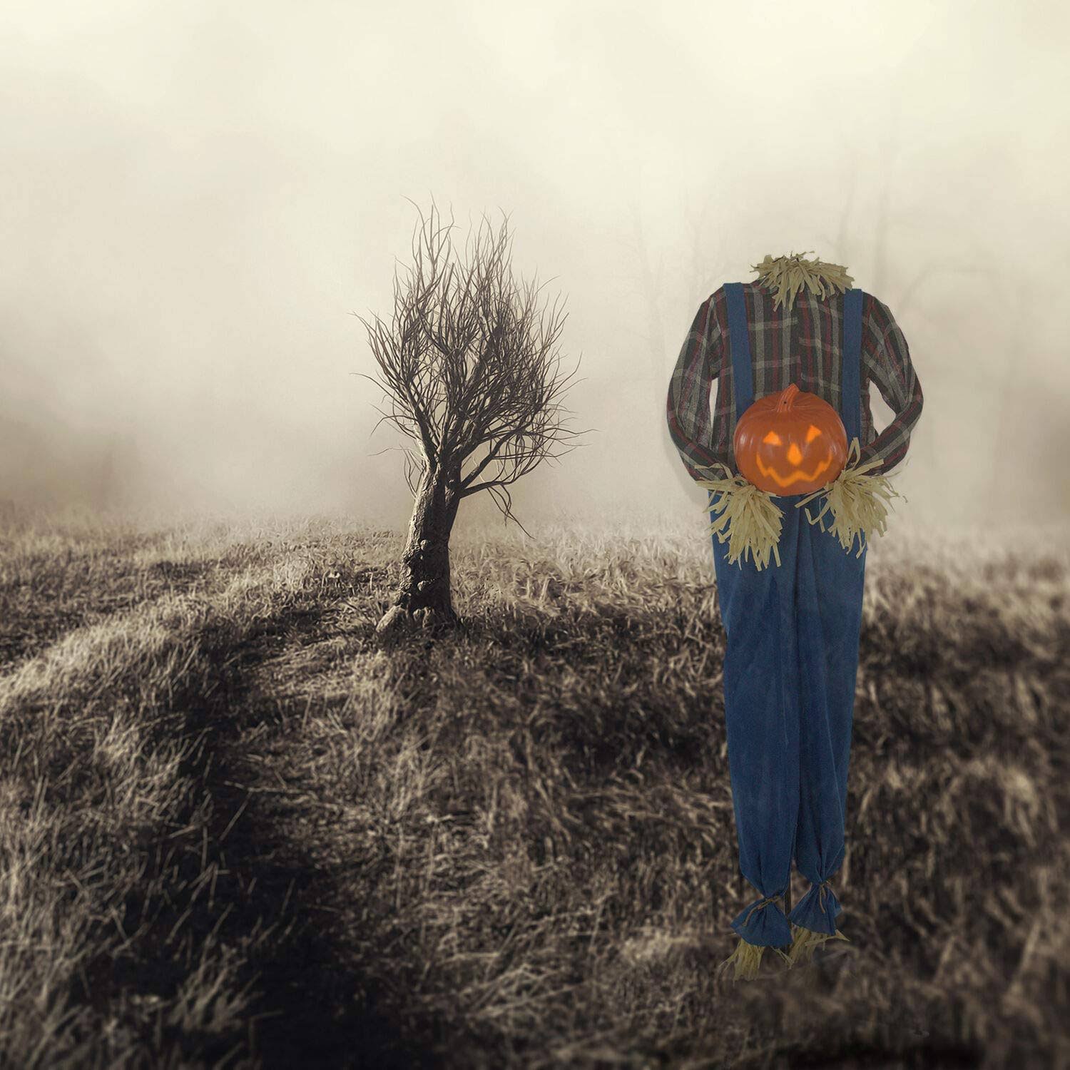 Haunted Hill Farm Life-Size Animatronic Scarecrow, Indoor/Outdoor Halloween Decoration, Light-Up Face Talking, Battery-Operated