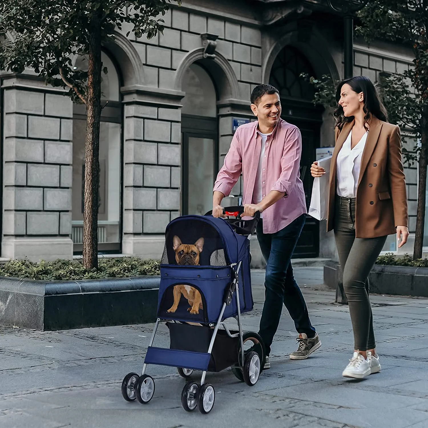 Folding Dog Stroller, Pet Stroller for Small Medium Dogs Cats Puppy, 4 Lockable Wheels Cat Stroller Travel Carrier Strolling Cart with Safety Belt, Removable Liner and Storage Basket (Navy)