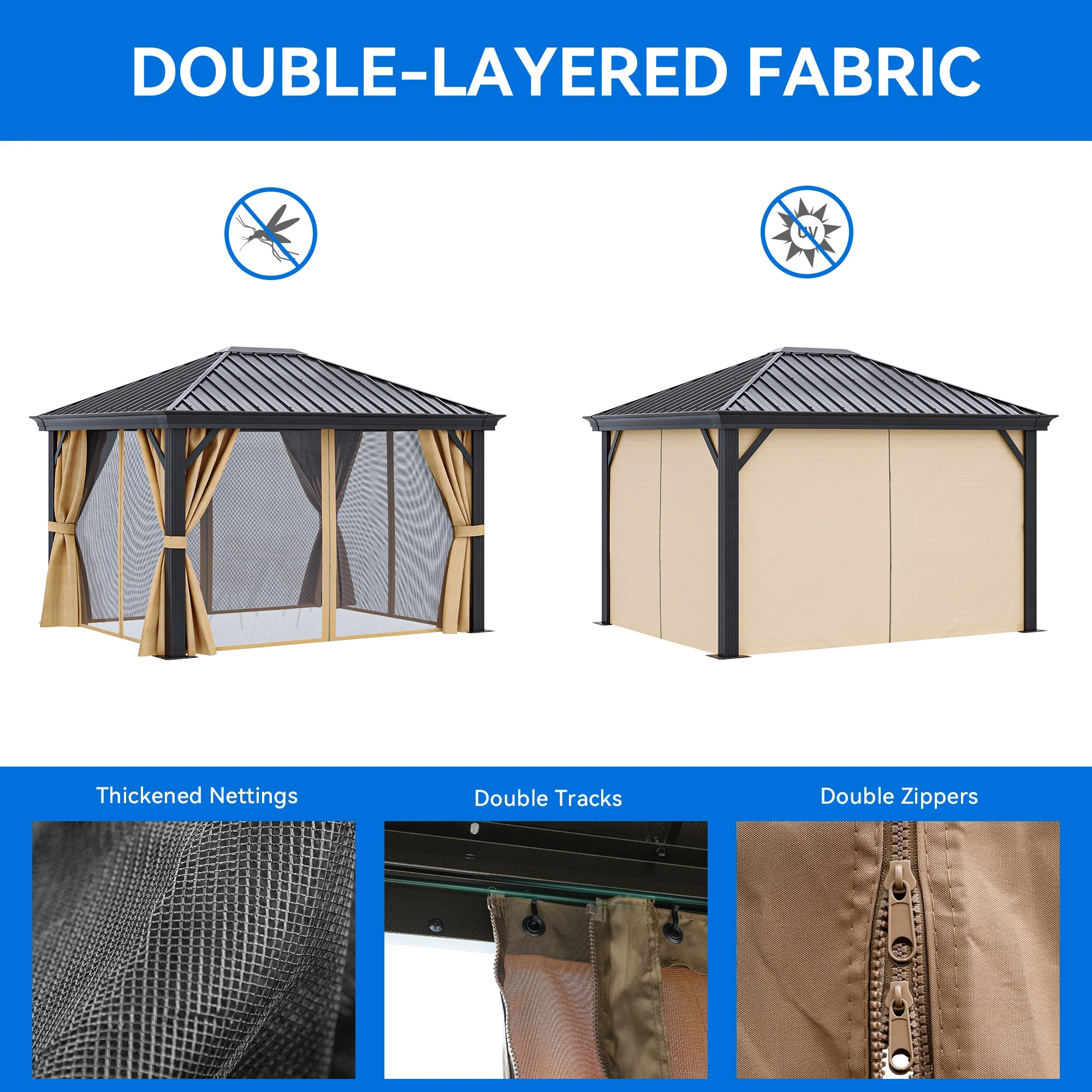 Dextrus 10x12ft Hardtop Gazebo with Nettings and Curtains, Heavy Duty Galvanized Steel Outdoor Vertical Stripes Roof for Patio, Backyard, Deck, Lawns, Brown