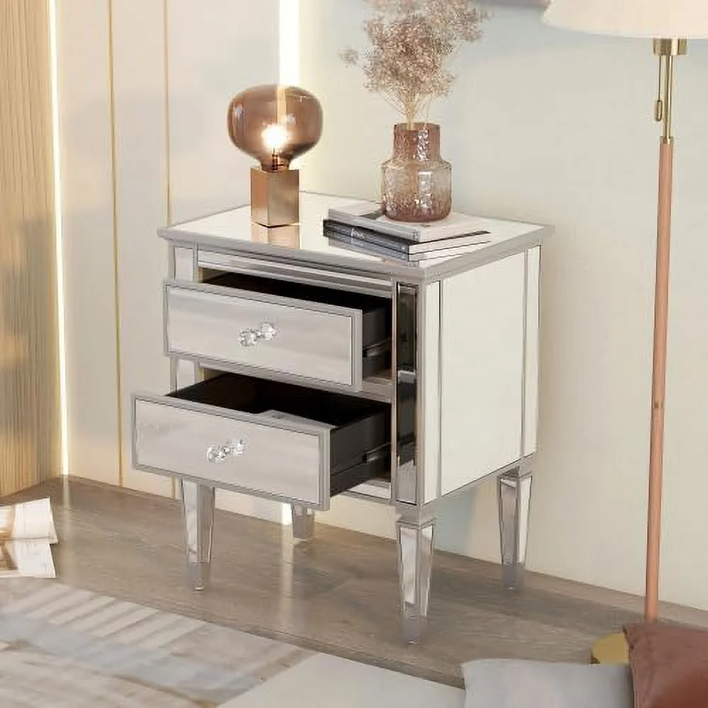 Mirrored Nightstand with 2 Drawers  Accent Side Table with Crystal Knobs  Modern End Table  Silver Finished Nightstand for Bedroom  Living Room