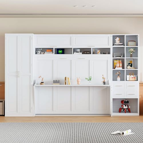 KLMM Wooden Murphy Bed Wall Bed with 2 Wardrobe and Storage Shelf,Foldable Platform Bedframe for Guest-Room Bedroom Study Office Use (White#E, Full)