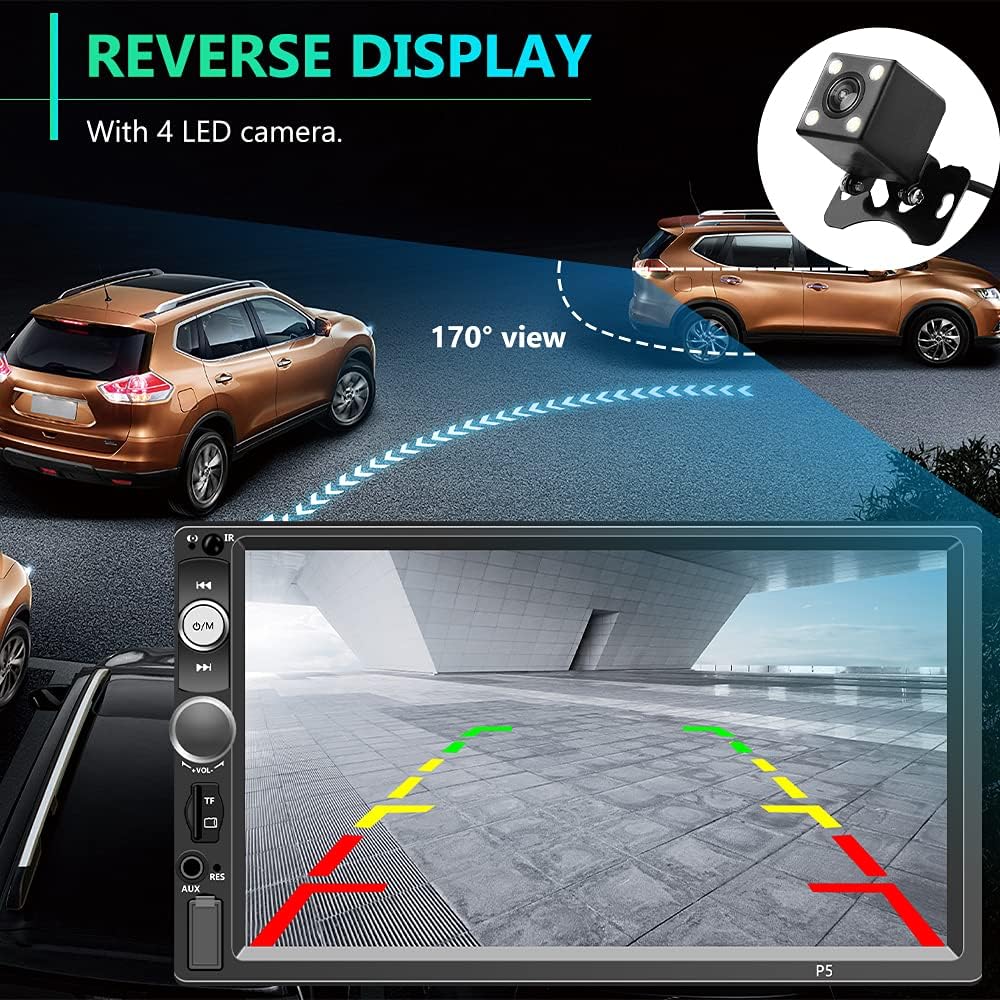 Double Din Touch Screen Car Stereo with Bluetooth and Backup Camera, Rimoody 7 inch Car Radio with FM Radio Mirror Link AUX USB SD Port Car Audio Receiver Steering Wheel Control