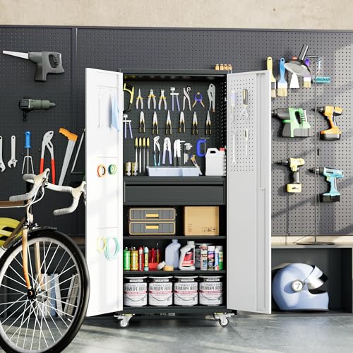 Aobabo 71" H×34" W×18" D Garage Metal Storage Cabinet with Wheels, Locking Steel Storage Cabinet with 5 Shelves and 4 Hooks, for Home Office, School, Assembly Required, Black Silver