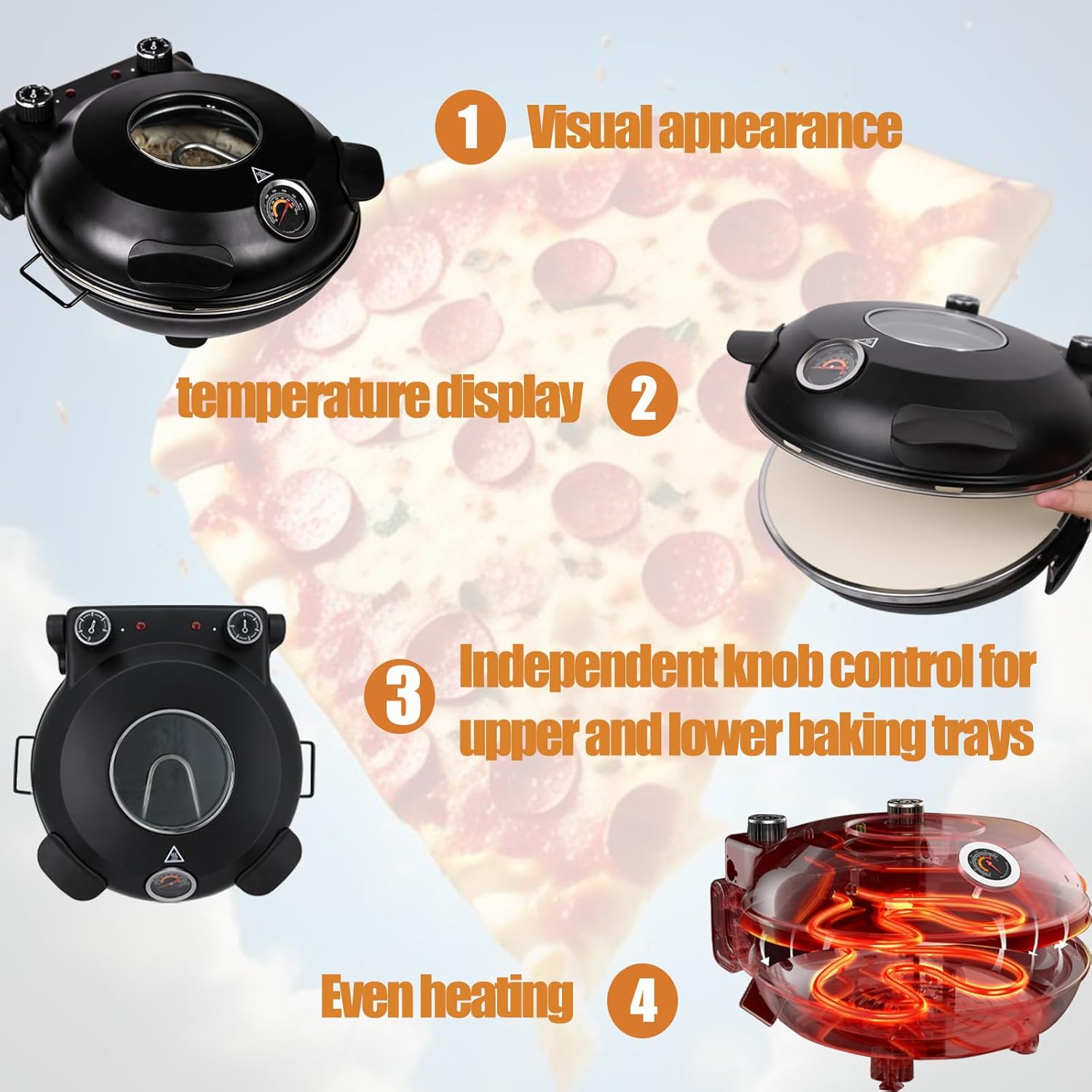 Electric Pizza Oven Indoor 12 Inch Countertop Pizza Oven Electric Pizza Oven Indoor Portable Pizza Cooker with Viewing Window, Timers, Check Pizza Cooking At Any Time, BLACK