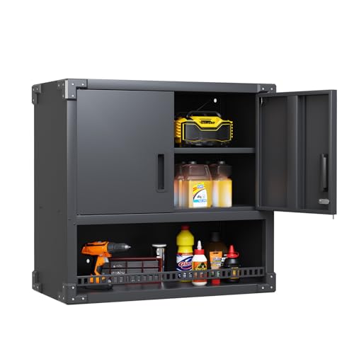 Garage Storage Cabinet Wall Cabinet with 2 Doors,Lockable Tool Cabinets Wall Mounted with Adjustale Shelves,Heavy Duty Steel Hanging Cabinets for Warehouse Kitchen Laundry,Assembly Required