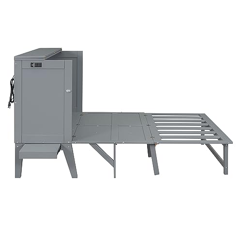 XD Designs Modern Full Size Murphy Bed with Cabinet and Drawers, Traditional Solid Wood Murphy Bed Chest, Can be Folded into a Wardrobe, Storage Platform Bed Wall Bed, Space-Saving Design
