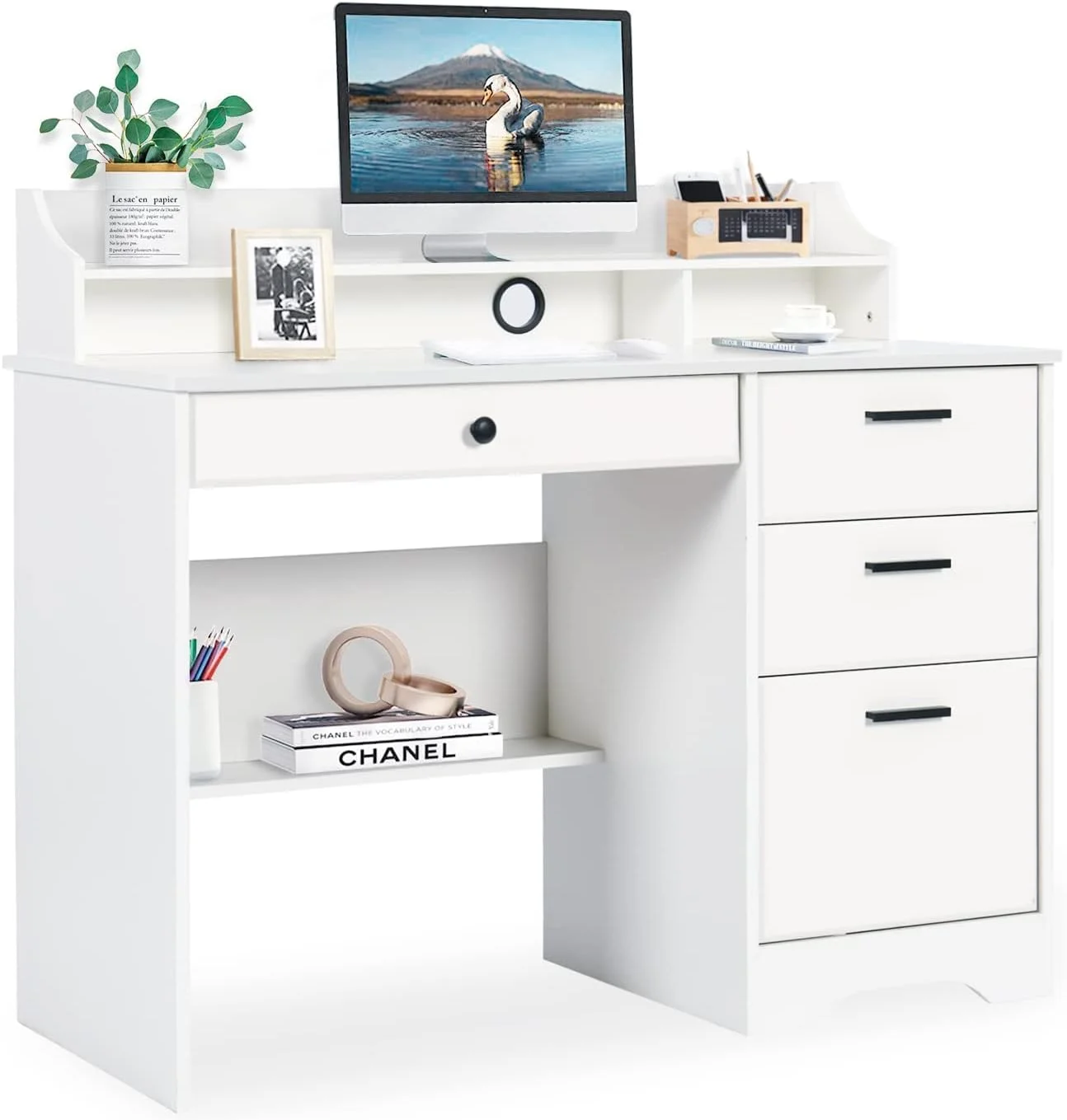 Computer Desk with Drawers, White Home Office Desk with Hutch, PC Desk Writing Table with Storage for Small Spaces, White - Curated Treasures Market