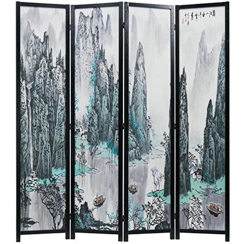 MyGift 4-Panel Folding Bamboo Room Divider Asian-Inspired Cherry Blossom Scene, 6 FT Freestanding Floral Artwork Room Partitioner with Beige Wood Frame