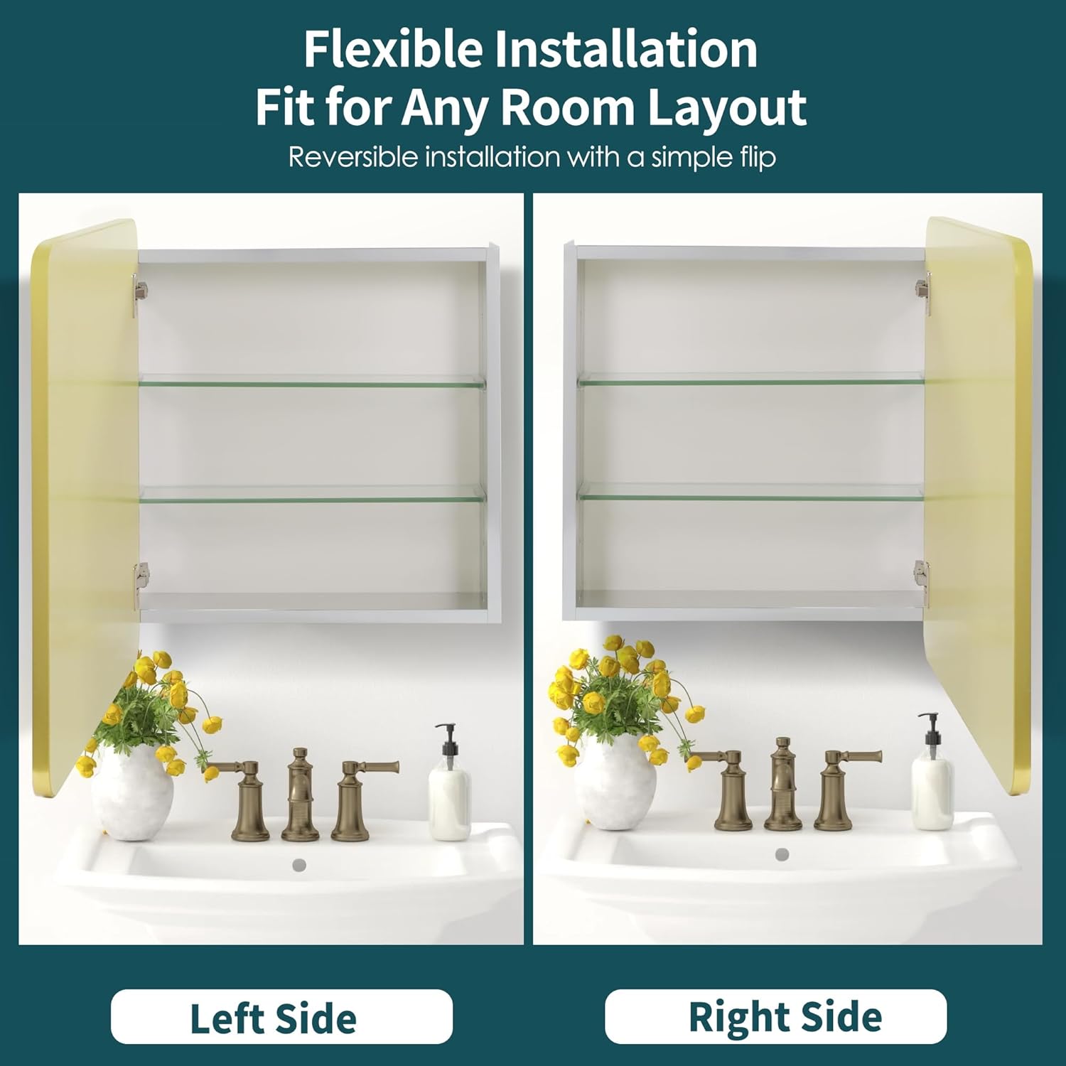 Movo Gold Bathroom Medicine Cabinet Mirror,24 inch X 22 inch Wall Mounted or Recessed Medicine Cabinet,Adjustable Glass Shelves, Waterproof and Rust-Resist Mirror Medicine Cabinet