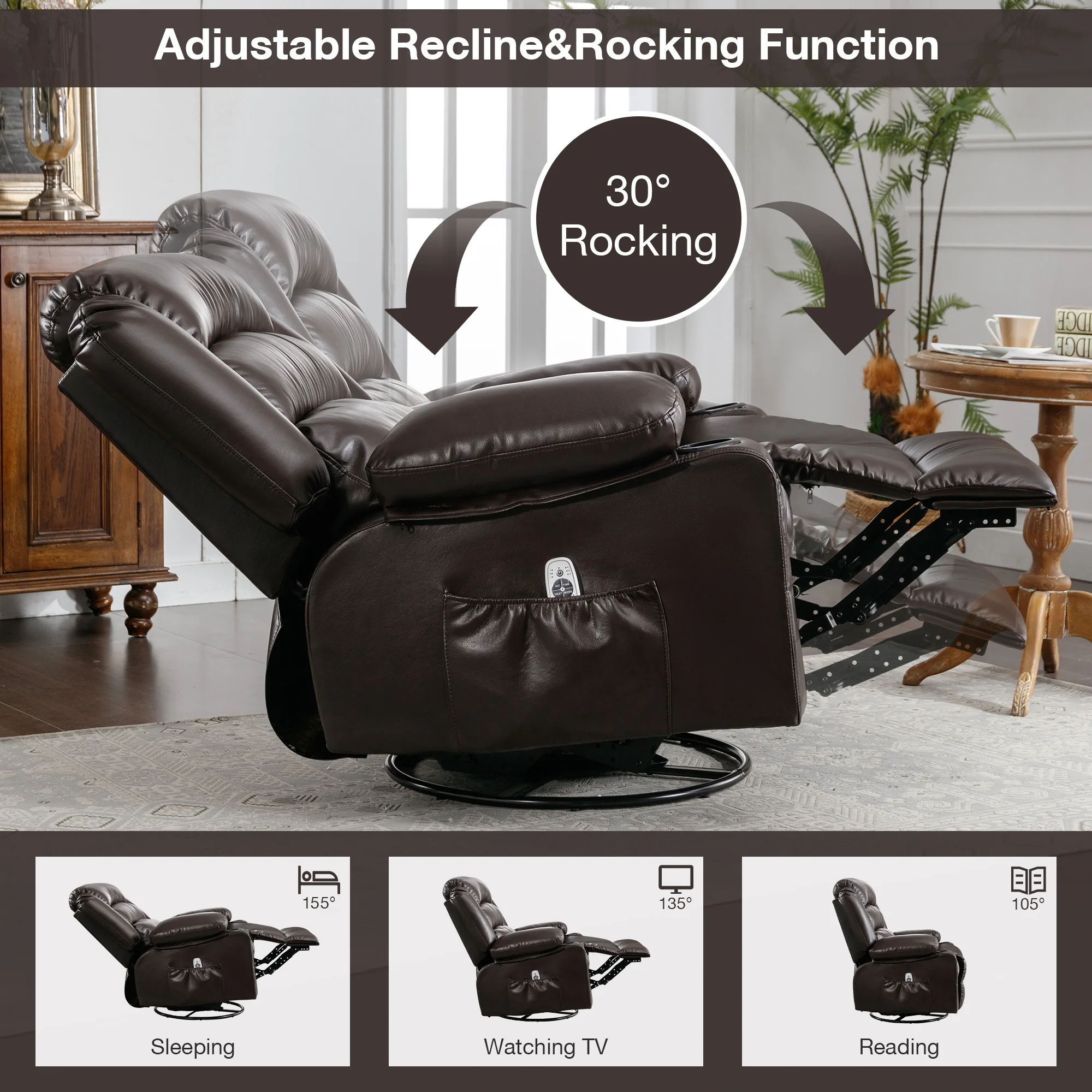 Massage Swivel Rocker Recliner Chair with Vibration Massage and Heat Ergonomic Lounge Chair for Living Room with Rocking Function and Side Pocket 2 Cup Holders USB Charge Port, Brown
