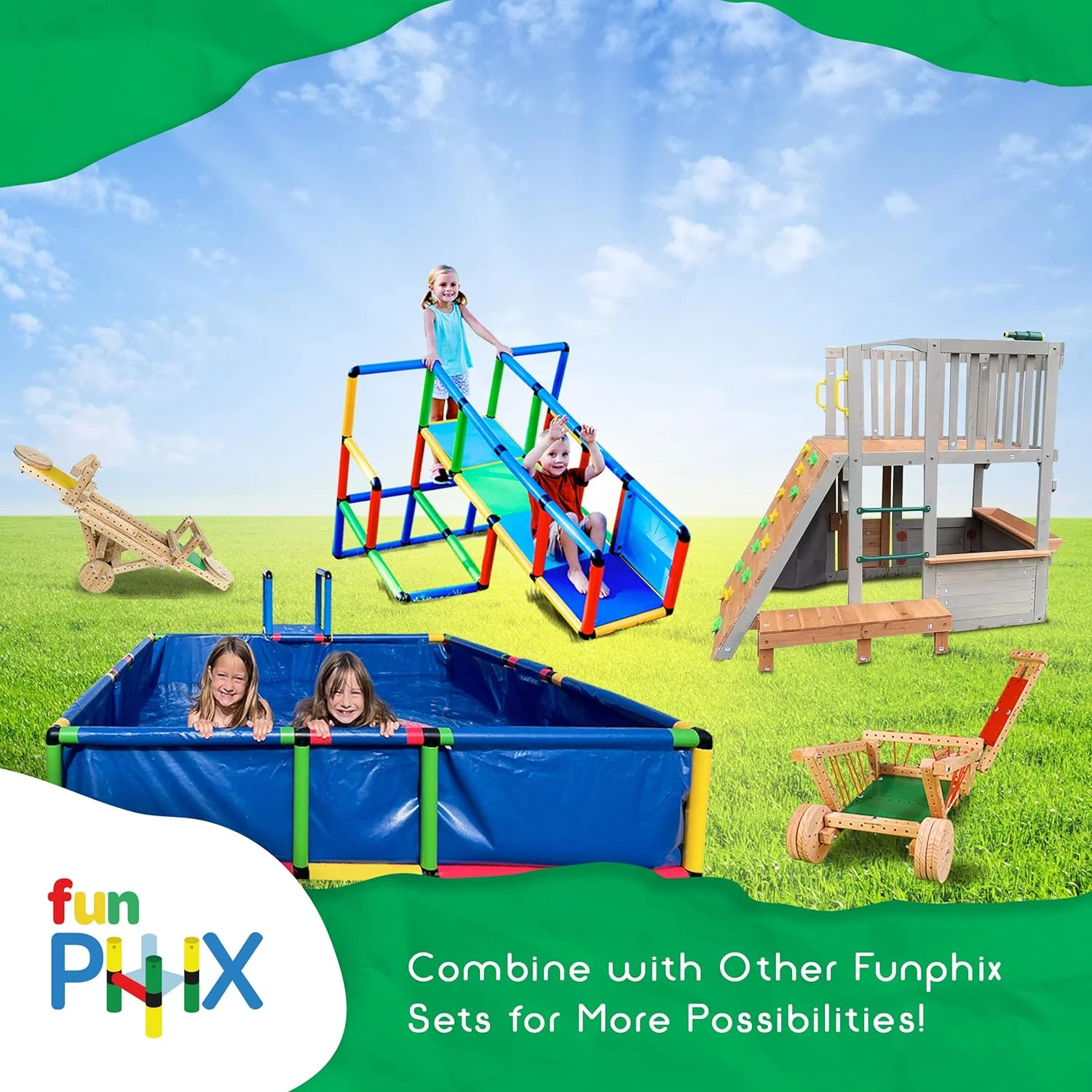 Large Playhouse for Kids Outdoor - Funphix Wooden Playhouse with Sandbox, Bench, Play Telescope, Ladder, Climbing Ramp & Doors - Durable 2 Levels Lookout Post Outdoor Playset for Backyard