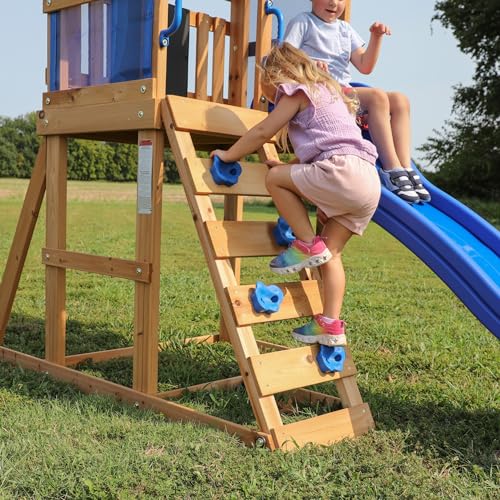Backyard Discovery Buckley Hill Wooden Swing Set, Made for Small Yards and Younger Children, Two Belt Swings, Covered Mesh Fort with Canopy, Rock Climber Wall, 6 ft Slide Green