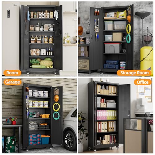 73" H Metal Storage Cabinet with Wheels, Garage Storage Cabinet with 4 Adjustable Shelves and Lockable Doors for Garage Home Office Utility Room,Required Assembly,Black