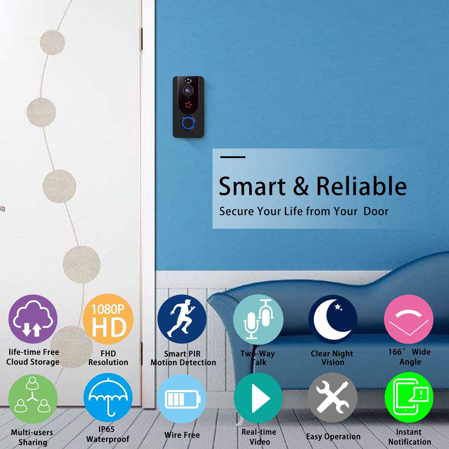 Wireless Doorbell Camera 1080P with Chime, Video Doorbell Camera with PIR Motion Detection, Wi-Fi Smart Door Bell with Lifetime Free Cloud Service, IP65 Waterproof, 2-Way Audio, Clear Night Vision