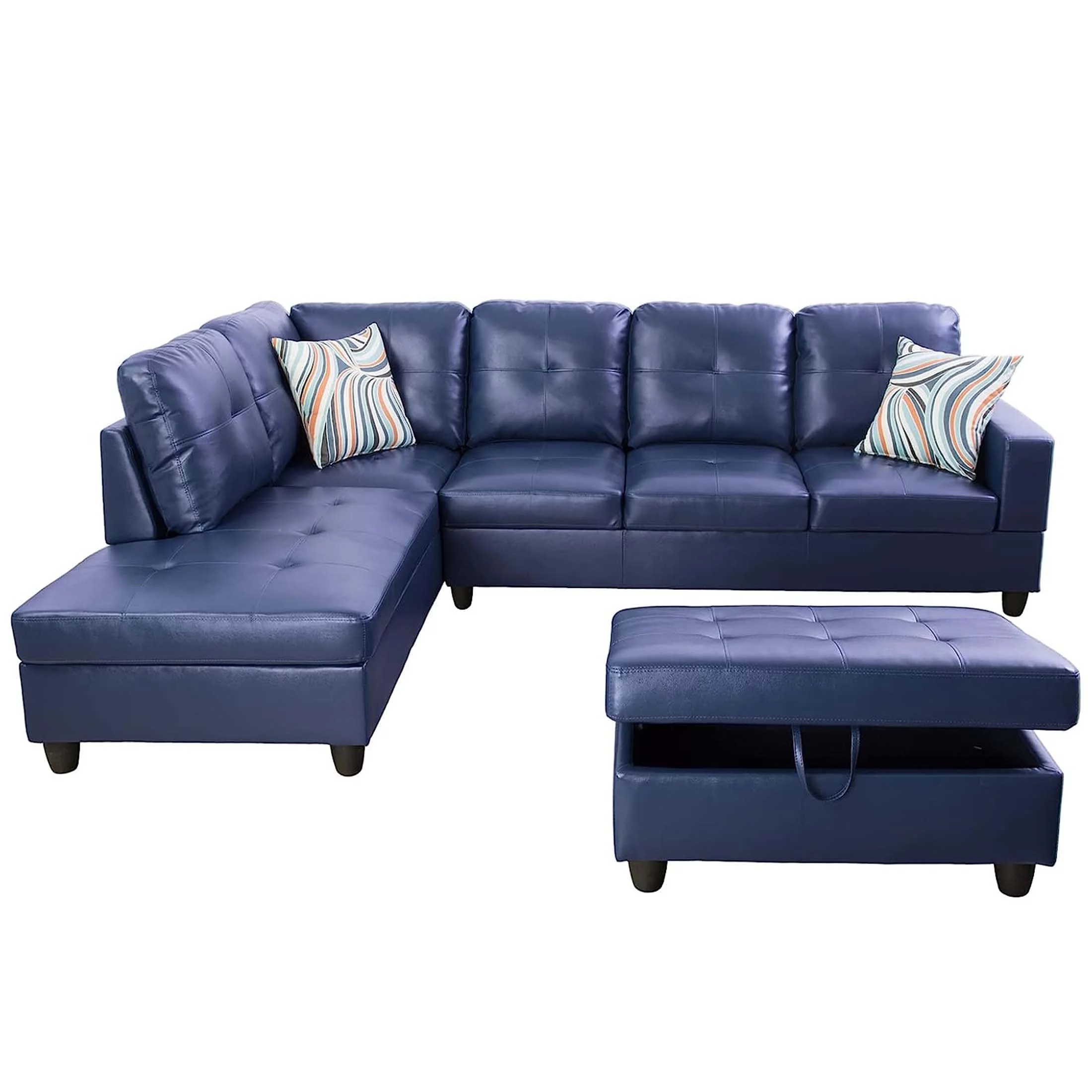 Momspeace Living Room Sectional Couch with Storage Ottoman, Modern PU Leather L-Shaped Sofa Couch Set - Blue