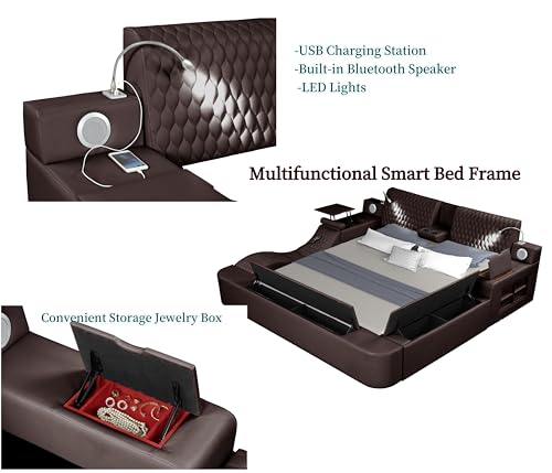 Queen Size Smart Bed, Multifunctional Leather Bed Frame with Massage Recliner/Upholstered Headboard/Music Speaker/USB Port/Storage Space, Modern Luxury Bed Frame(Gray)