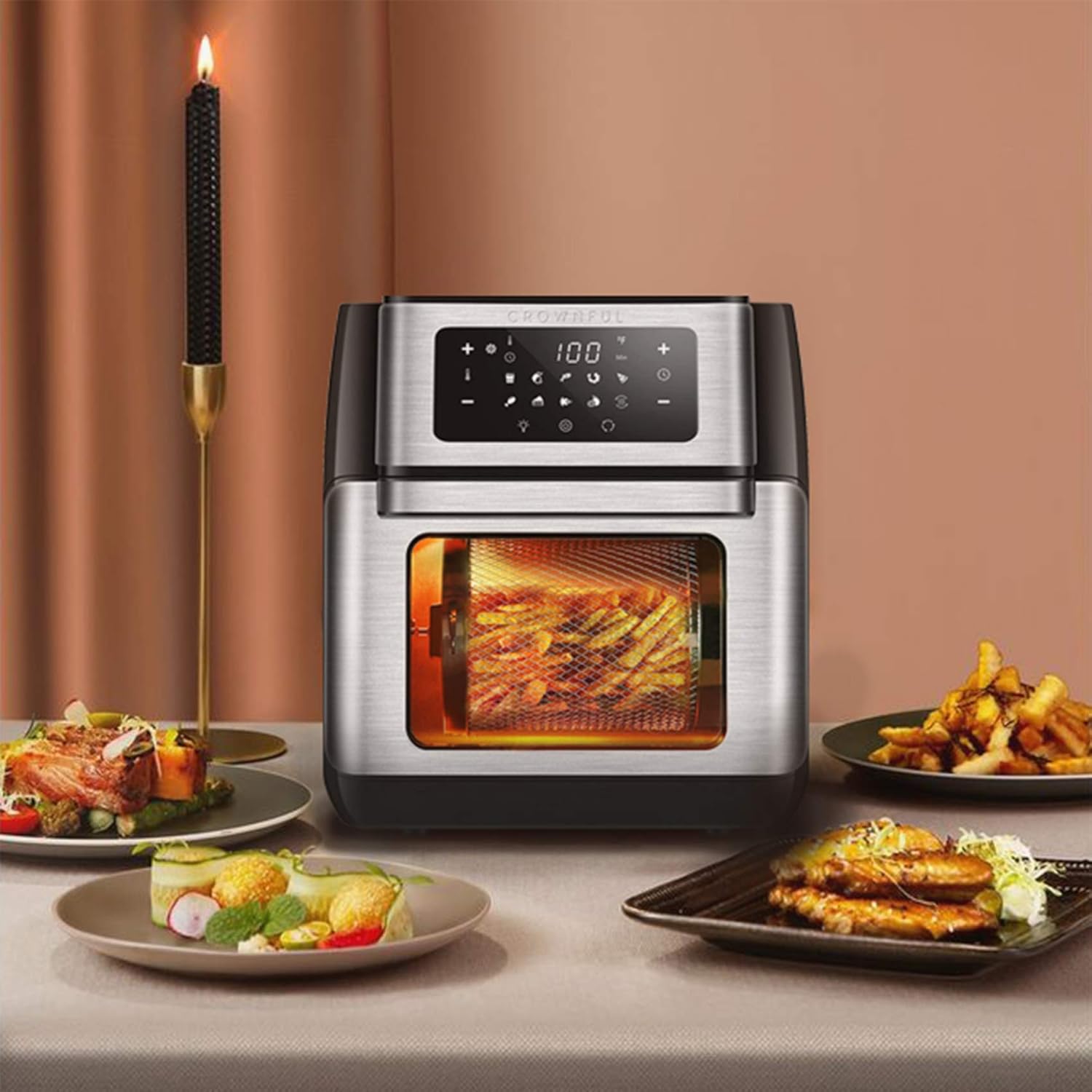 CROWNFUL 10.6 Quart Air Fryer, 10-in-1 Air Fryer Toaster Oven, Convection Roaster with Rotisserie and Dehydrator, Digital LCD Touch Screen, Accessories and Recipe Included