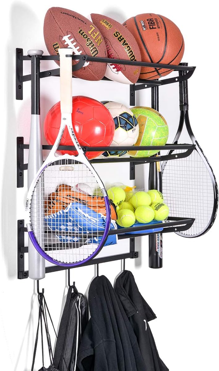Sunix Garage Sports Equipment Storage, Basketball Rack with 3 Racks, Sports Equipment Organizer Wall Mount Shelf with 4 Hooks for Rackets, Sports Equipment Storage Rack, Basketball Rack Pack of 2