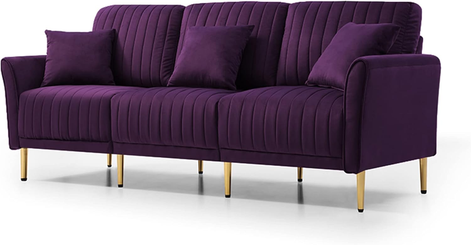 Ghislaine 3-Piece Sectional Sofa Set, Modern Velvet Upholstered Sofa Couch with Sturdy Metel Legs for Living Room, Apartment, 3-Seater Sofa + 2 Piece Loveseat Sofa, Purple