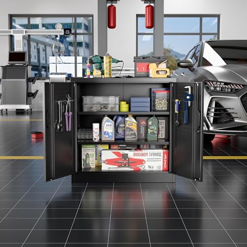 Aobabo Garage Storage Cabinet with Wheels,72" H Metal Storage Cabinet with 2 Doors and 4 Adjustable Shelves for Garage Home, Black,Required-Assembly