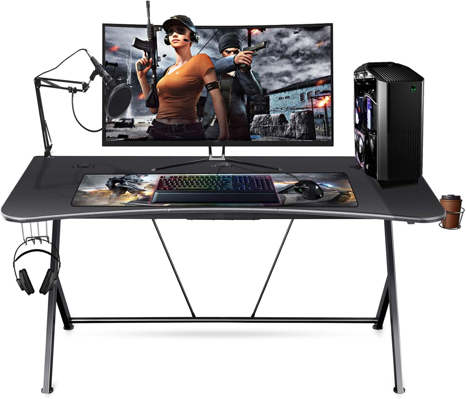 Mr IRONSTONE Large Gaming Desk 63 W x 32 D Home Office Computer Table, Black Gamer Workstation with Cup Holder, Headphone Hook and 3 Cable Management Holes