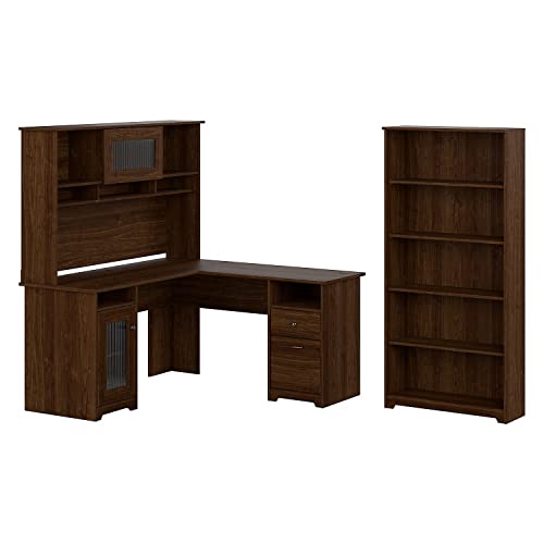 Bush Furniture Cabot 60W L Shaped Computer Desk with Hutch and 5 Shelf Bookcase in White