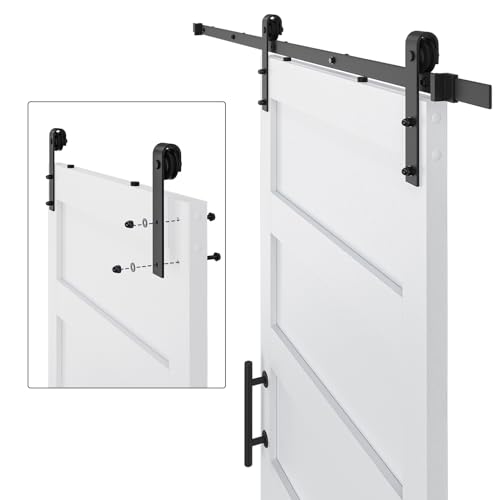 34in x 84in Sliding Barn Door with 6ft Barn Door Hardware Kit & Handle, Pre-Drilled Holes Easy Assembly -Solid Barn Door Slab Covered with Water-Proof PVC Surface, White, 5 Panel