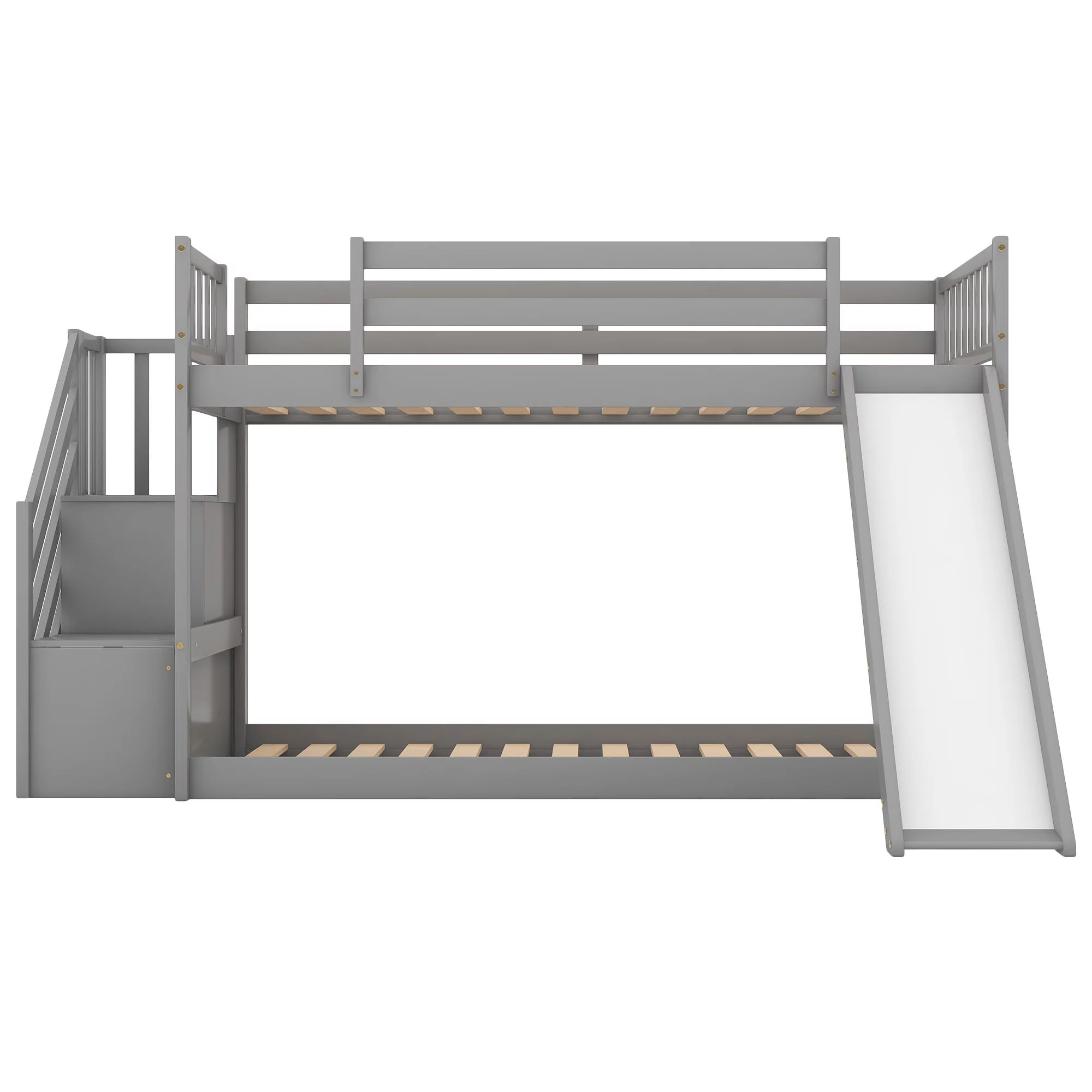 THINK 30,Solid Wood Twin Over Twin Bunk Bed with Convertible Slide and Stairway, Low Bunk Bed with Storage Space Multifunctional Design, Gray