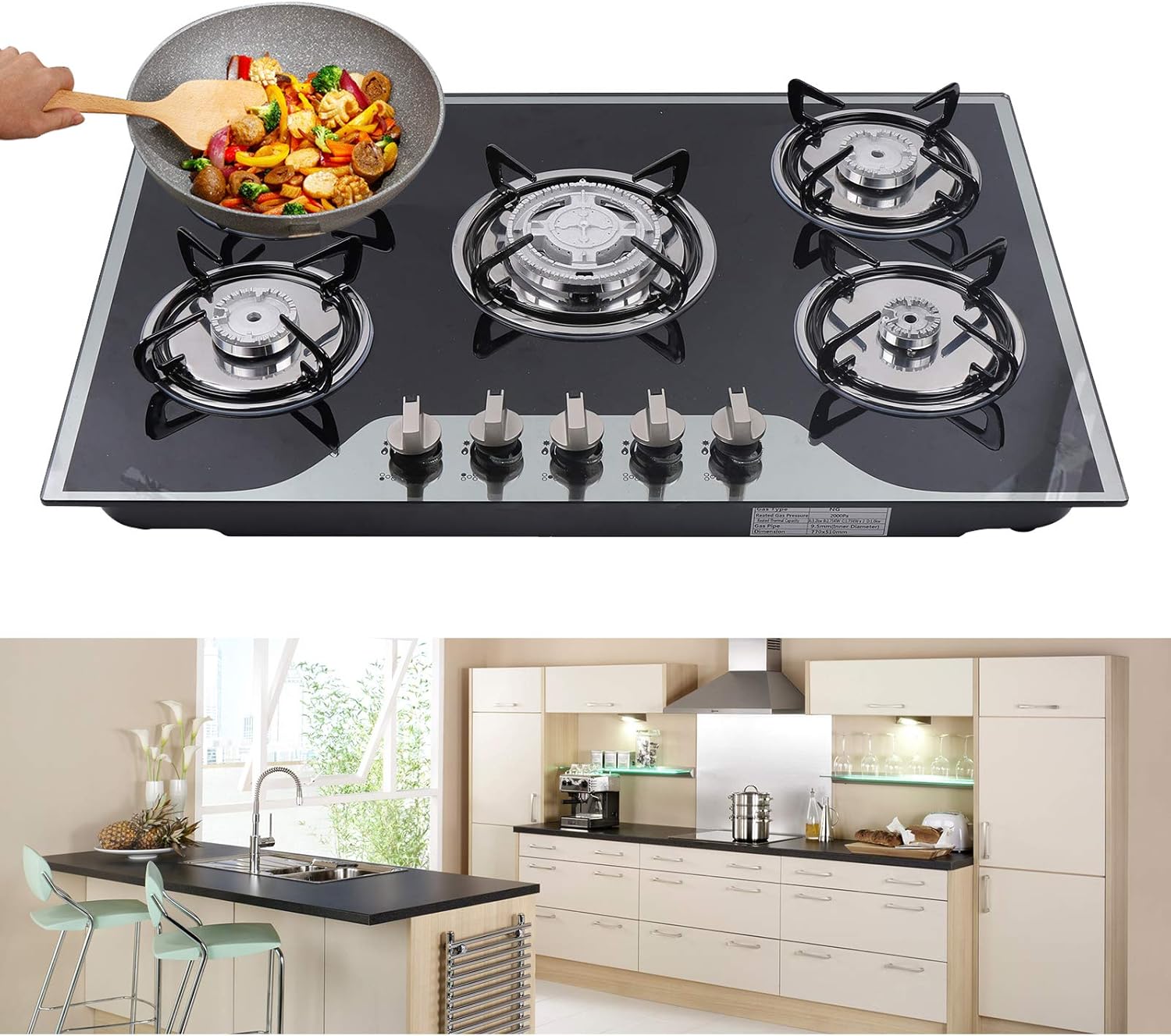 30in Stainless Steel Cook Top Built-in Kitchen Cooker 5 Burners Stove LPG/NG Gas Cooker Hob,for kitchen apartments, indoor use