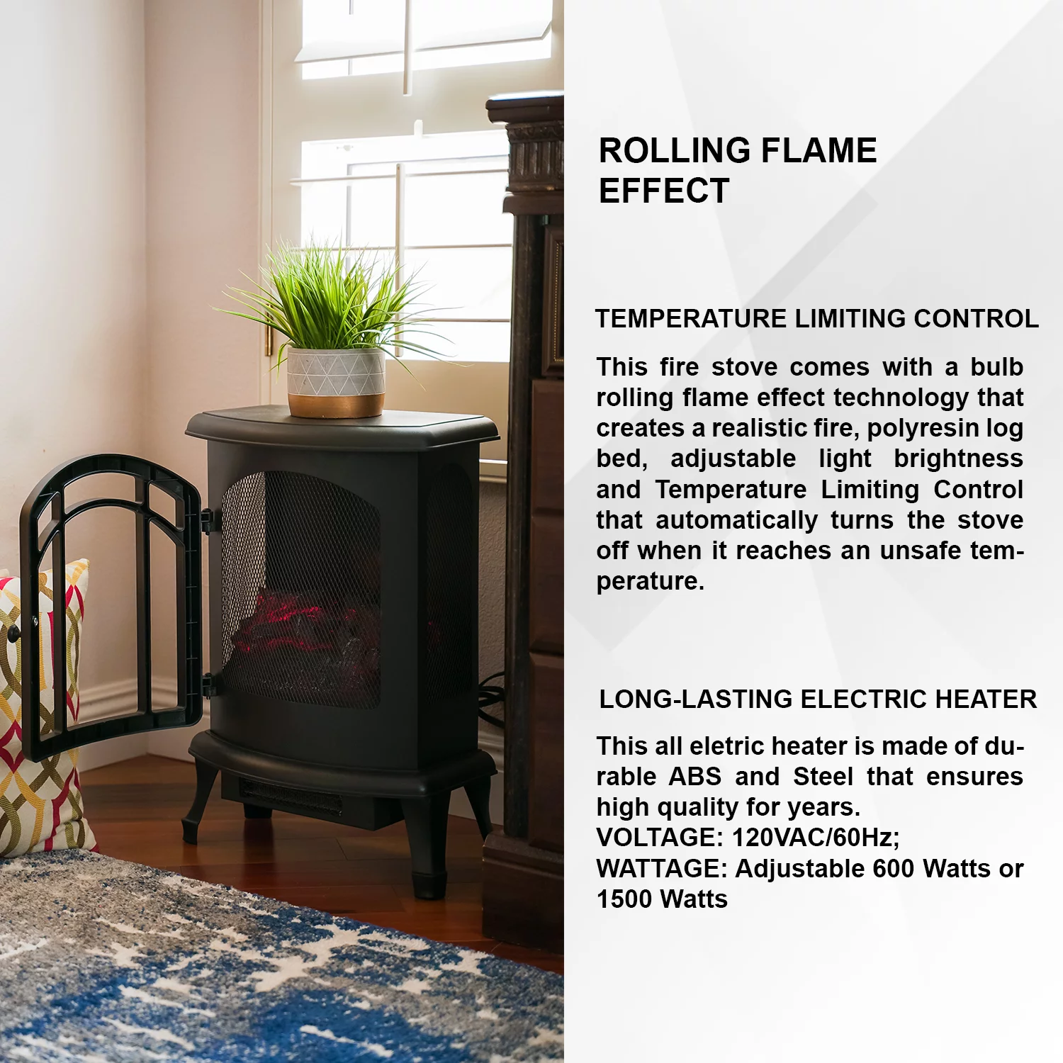 XBrand Free Standing Portable High/Low Heat Wired Fire Stove with Manual Control and LED Flame Effect, 24 Inch Tall, Black