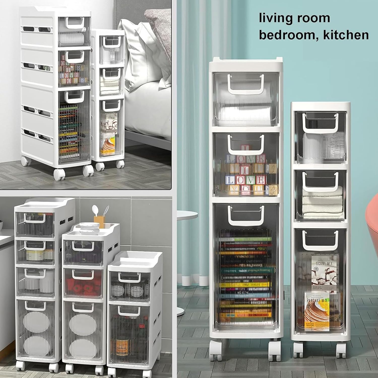 Standing Storage Cabinet 4 Tier Small Spaces Gaps Bathroom Storage Cabinet Side Narrow Organizer with Clear Drawers and Casters Bathroom Floor Cabinet for Kitchen, Bathroom, Bedroo