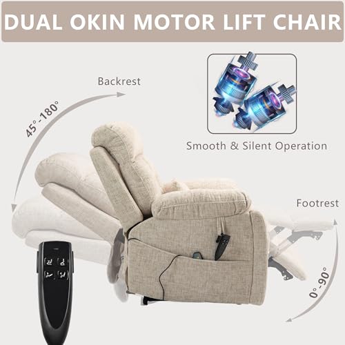 Power Lift Chair Lay Flat Recliner Infinite Position Electric Dual Motor Stand Up Lift Chair with Massage and Heat for Adults,Heavy Duty Recliners with 2 Remote Controls and Two Cup Holders