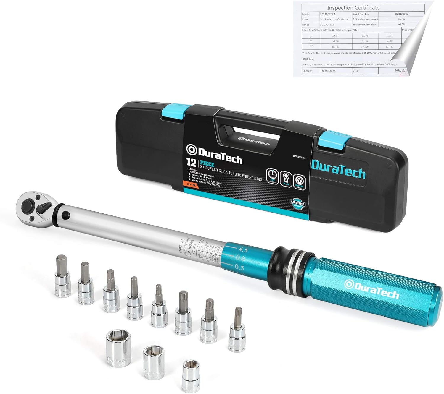 DURATECH 1/2-Inch Drive Click Torque Wrench, 30-160 Ft-lb, with Socket Adapter, Extensions Bar, Storage Case Included