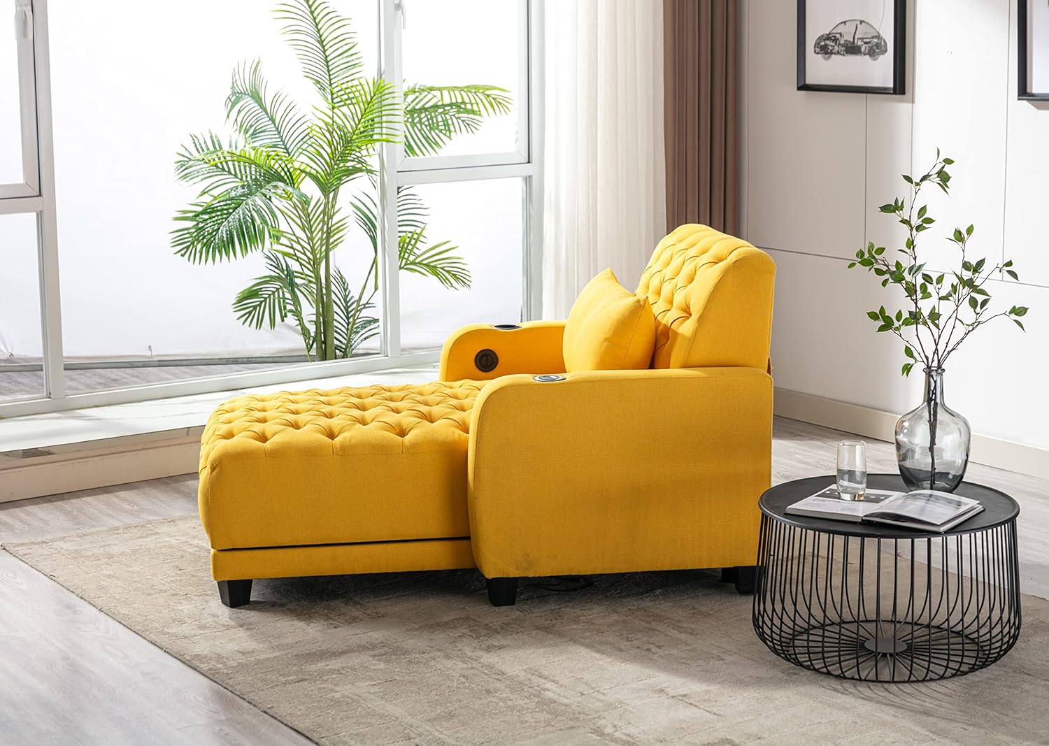 Casual Chaise Lounge Indoor, Button Tufted Upholstered Single Sofa Bed with Pillow, Adjustable Backrest Sleeper Couch Recliner Chair for Bedroom, Living Room, Apartment, Yellow