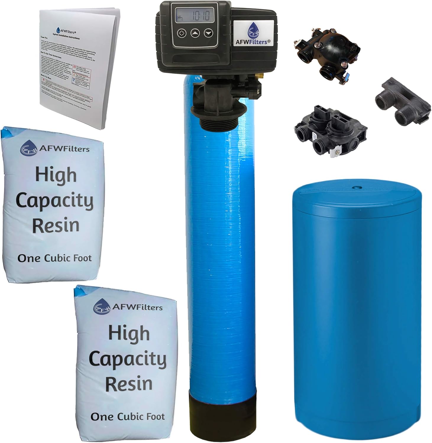 Fleck (64k 1 Inch, Blue High Capacity Resin) Whole House Water Softener System 5600sxt Digital Meter Grain-includes bypass valve & brine tank with safety float